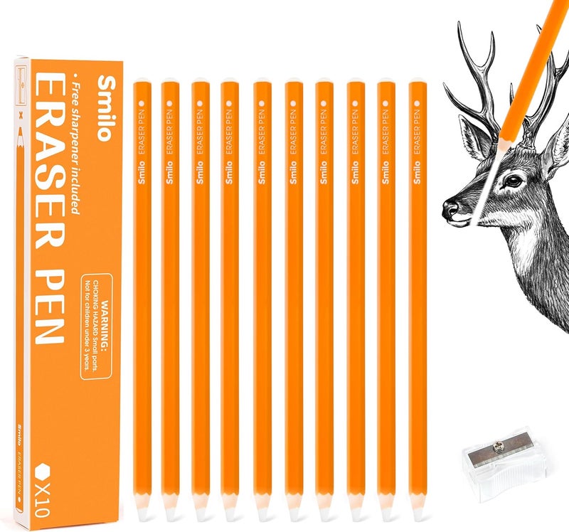 Smilo Eraser Pencils, 10-Pack Orange Artist Pencils with Sharpener, Fine Detail Eraser for Sketching, Charcoal & Colored Pencil Drawings, Perfect for Artists, Beginners and Students - Image 1